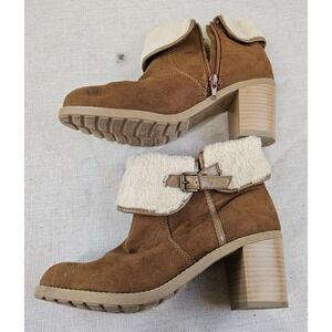 Lane Bryant Brown Faux Suede Ankle Boots Faux Shearling Trim Heel Womens Size 8W